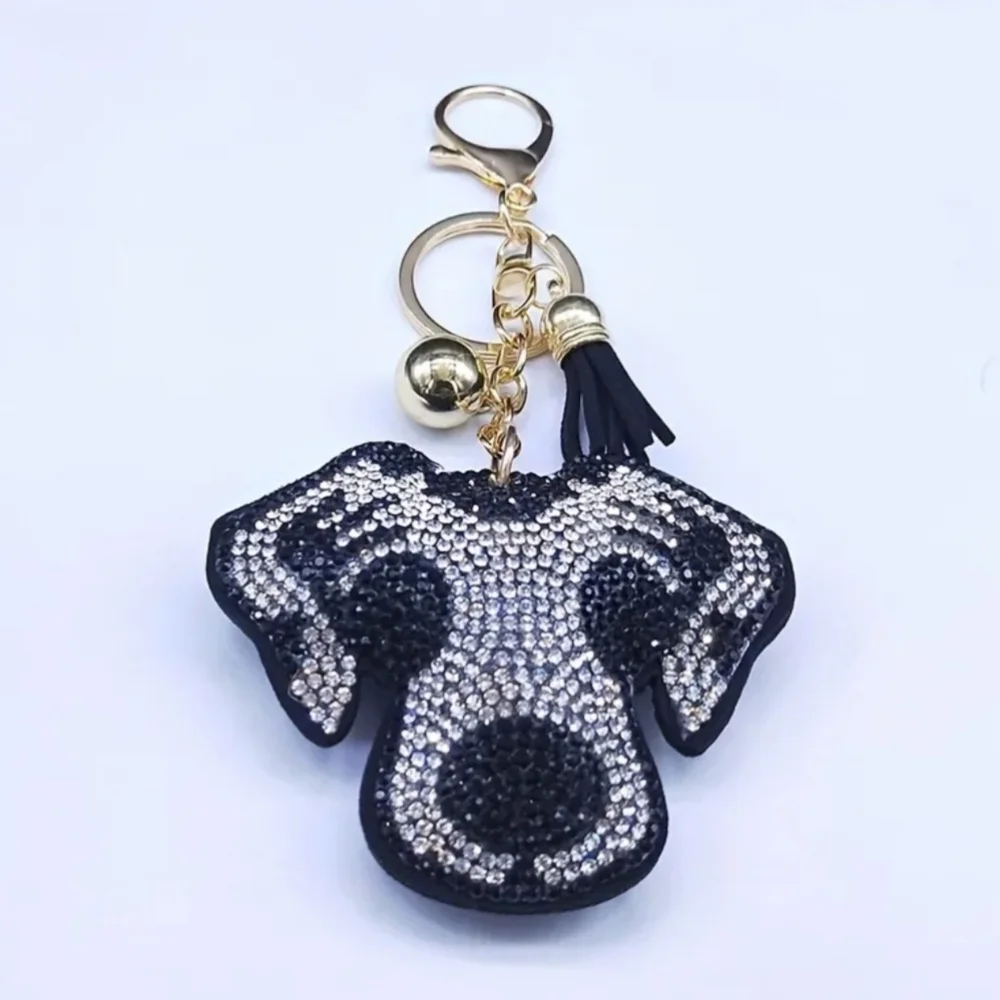 Bling Dog Crystal Rhinestone Keychain Bag Charm With Black Tassel